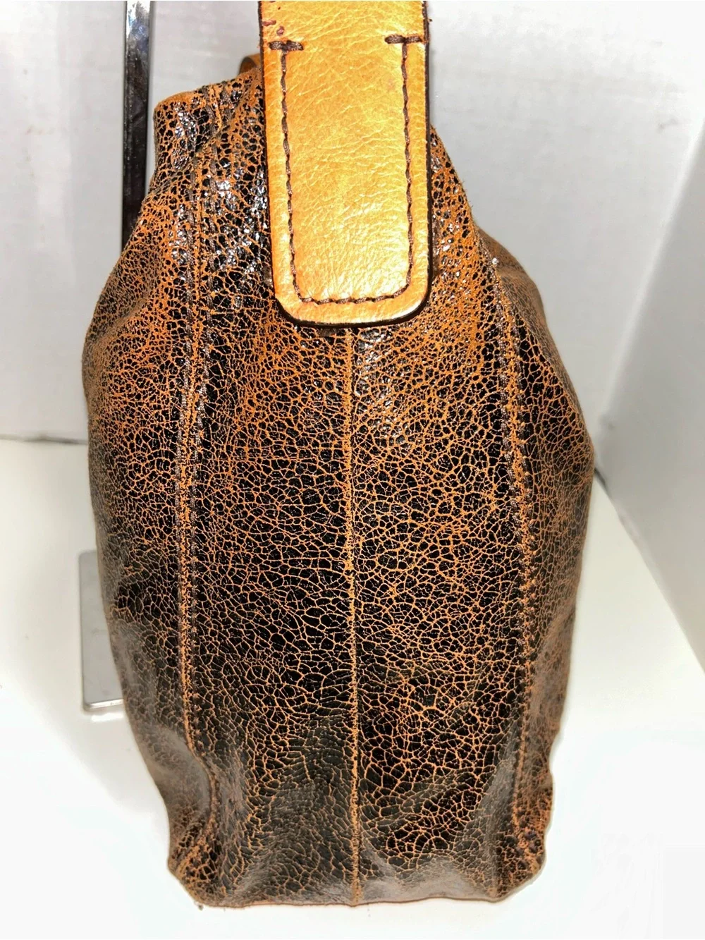 Abro Brown Cognac Distressed Crackled Leather Hobo Shoulder Bag